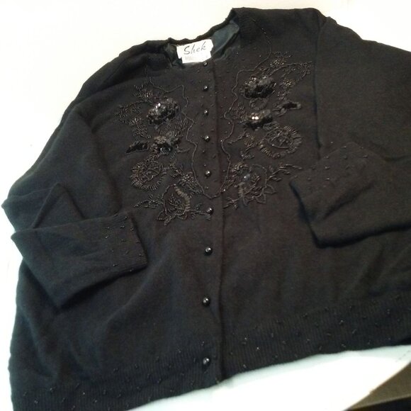 Vintage 80s Shek Embellished Beaded Cardigan Sweater (42) LambWool Angora Lined - Picture 5 of 11
